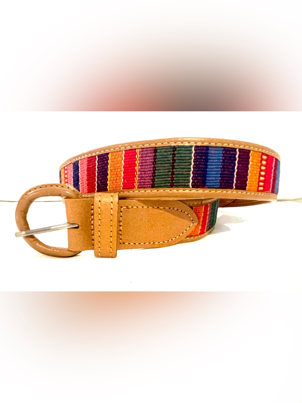 Guatemalan Handwoven Multicolor Woven Belt with Tan Leather Trim M/L - Picture 1 of 6